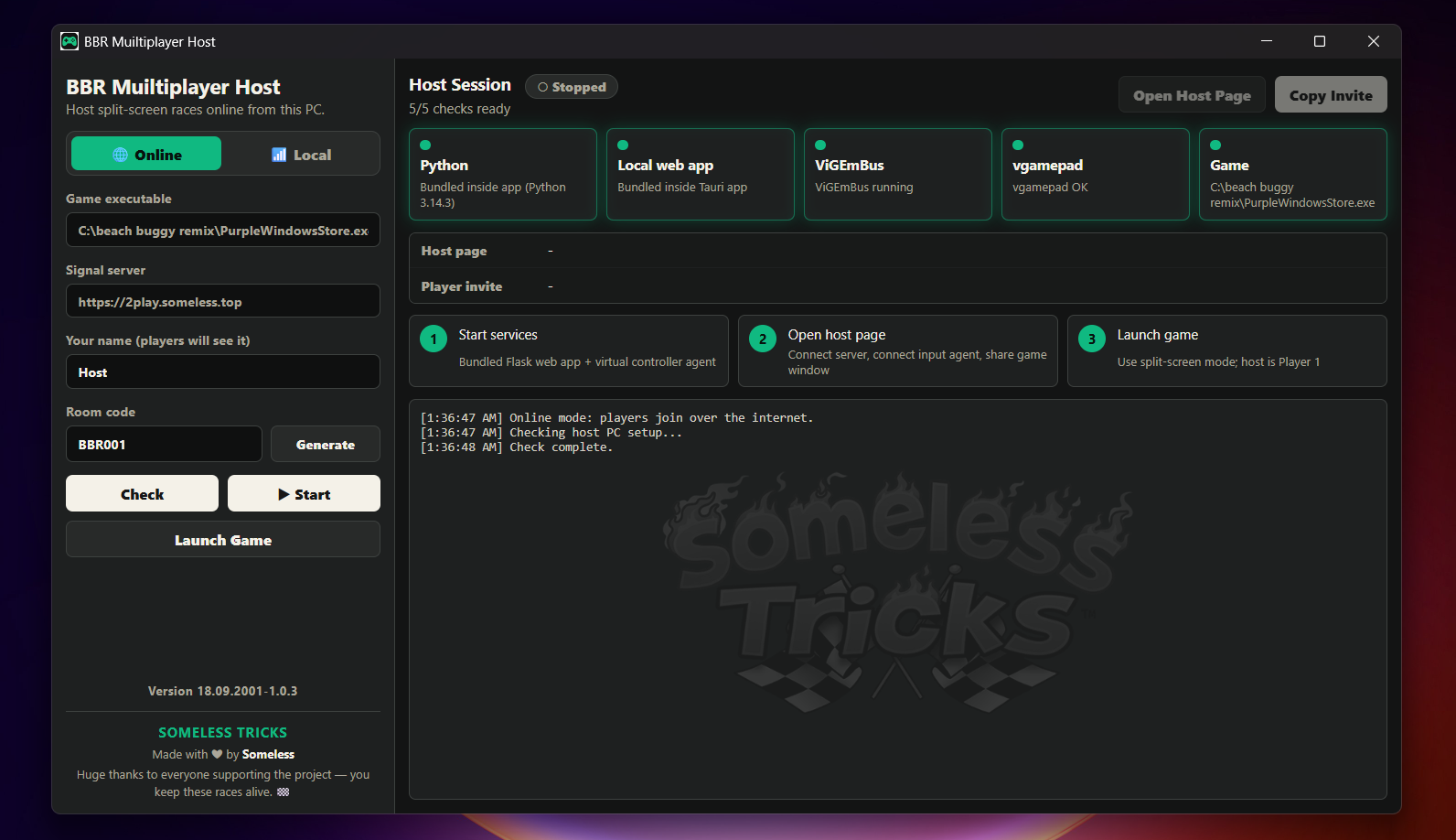 BBR Multiplayer Host app — session running: room code BBR001, all status tiles green, host page and player invite links ready